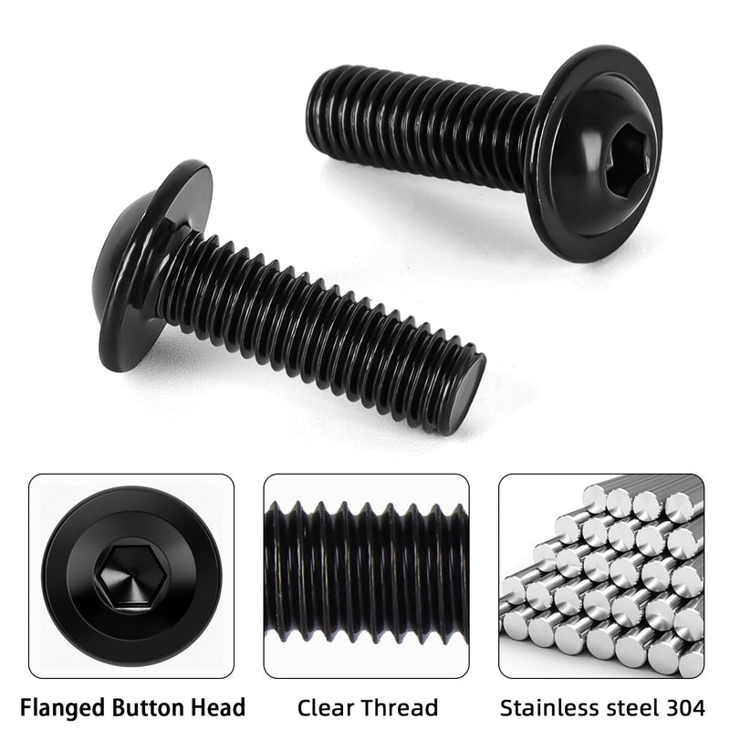 M6-1.0 x 20mm 25 PCS Flanged Button Head Socket Cap Bolts Screws, Stainless Steel 304, Allen Socket Drive, Screwdriver Bit Included, Black Finish, Fully Machine Thread M6 x 20mm