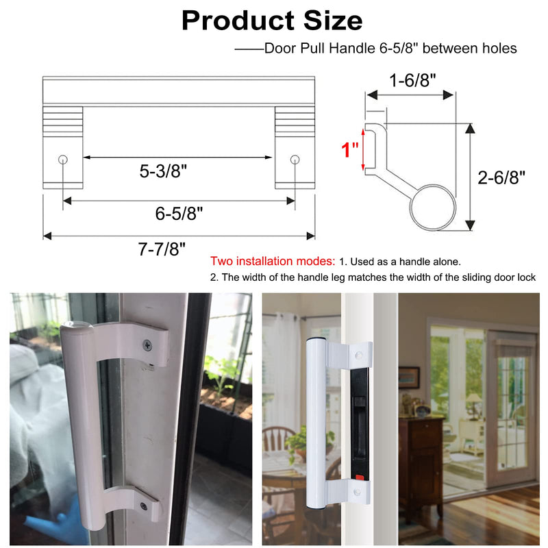 Sliding Door Handle 8" Aluminum Sliding Glass Door Pull - Sliding Patio Door Handles Fits 6-5/8 in Mounting Holes for Old or Damaged Door Pull - Perfect for Patio and Glass Doors (White) White - no Lock
