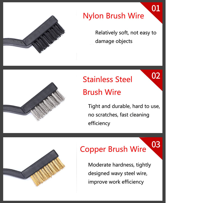 3Pcs Mini Wire Brush Set for Cleaning and Rust Removing, 7 Inch Industrial Wire Brushes of Stainless Steel/Nylon/Brass Bristles Black