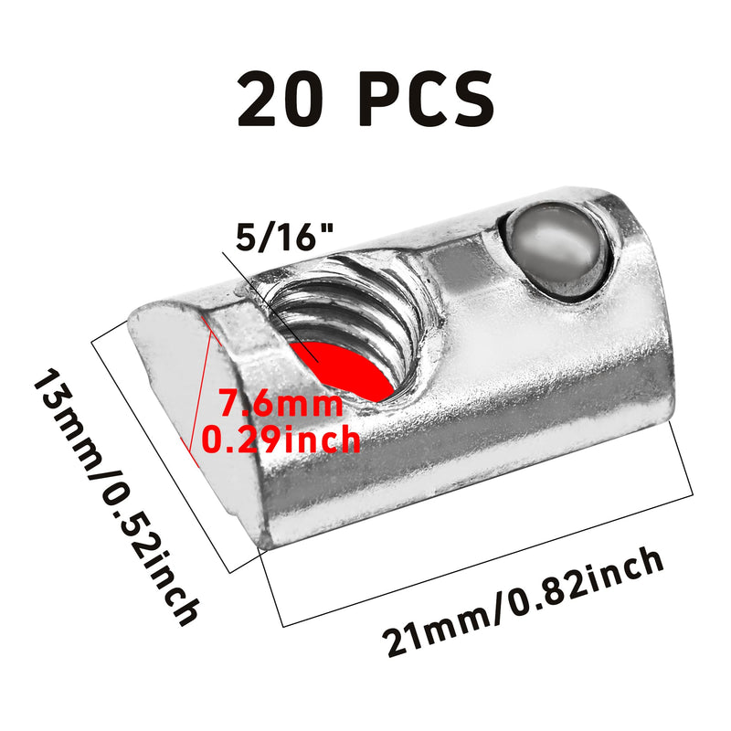 20PCS 5/16”-18 Threaded Steel Roll in T-Nut with Ball Spring, Silver T Spring Nut, T Slot Nuts Accessory Hardware for Aluminum Extrusion Profile Rail