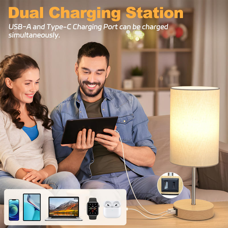 AKASUKI Table Lamp for Bedroom, 3 Way Dimmable Touch Lamp with Dual Charging Station, Small Bedside Lamps for Night Stands, Living Room, Office(LED Bulb Included) Cream Shade-Wood Base 14.25 in