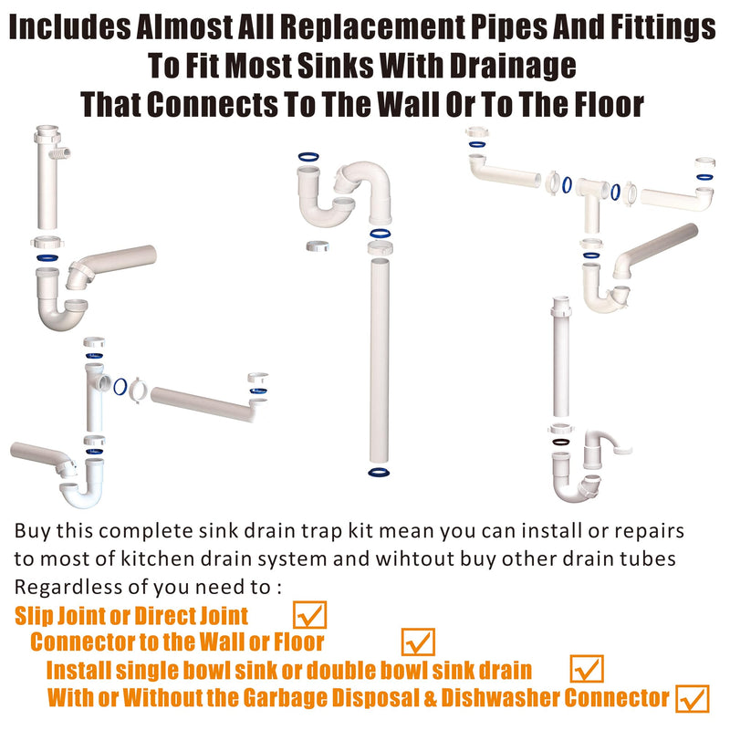 Kitchen Sink Drain Kit,1-1/2”,for Most Kitchen Sink Drain Repair Kit and Bathroom Sink Drain Kit, Kitchen Sink P Trap Drain Kit 1 1/2” for Sink Plumbing Kit, Completed Sink Pipe Replacement Kit