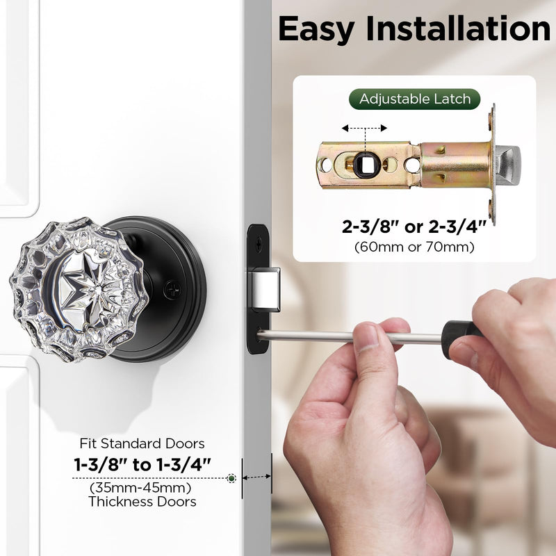1 Pack Crystal Door Knob, Rosette Shaped Glass Door Knobs Interior with Lock, Matte Black Door Knobs Interior Glass 1