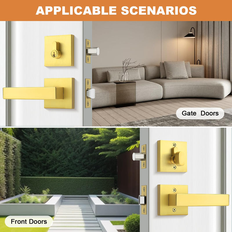 Probrico Keyed Alike Brushed Gold Exterior Door Locksets Square, Satin Brass Front Door Passage Handle and Single Cylinder Deadbolt Set, 1Pack 1