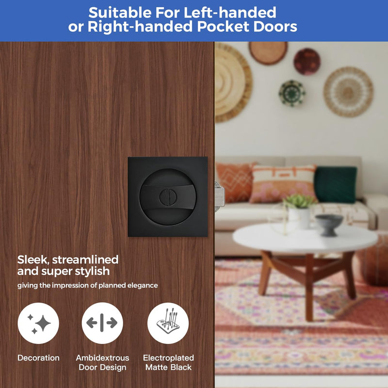 Matte Black Pocket Door Hardware with Privacy Lock & Latch - Contemporary Style for Square Pocket Doors(1 Pack) 1 Pack Matte Black