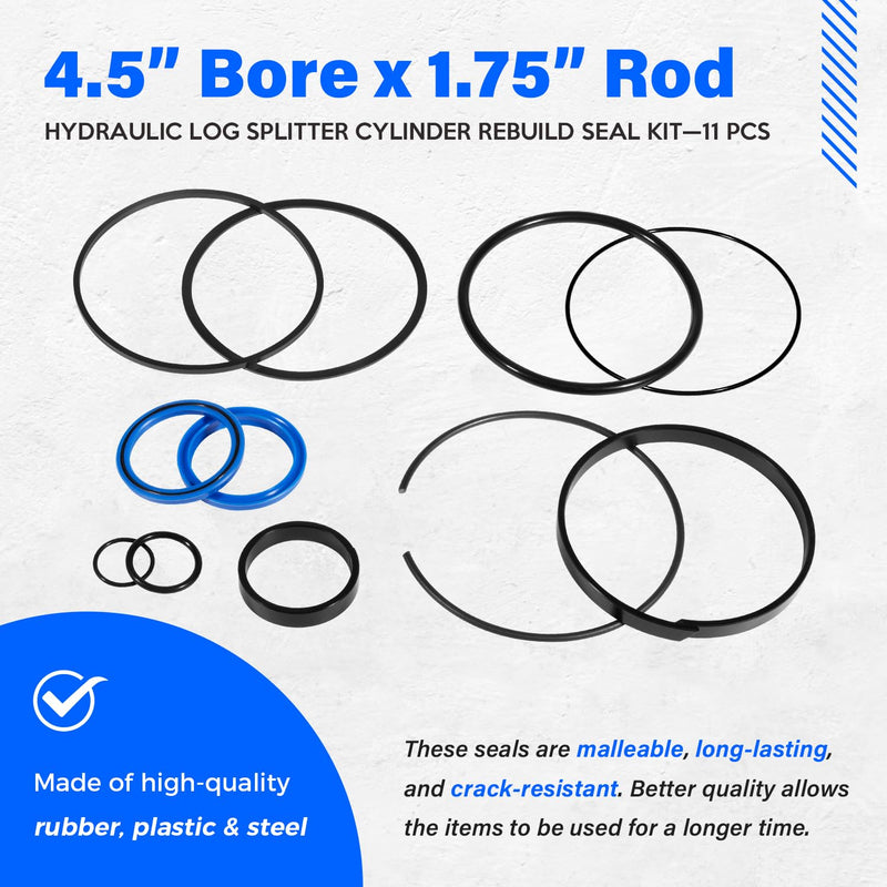Replace for Hydraulic Log Splitter Cylinder Rebuild Seal Kit, Fit for 4.5" Bore x 1.75" Rod Cylinder (Pack of 11) 4.5" Bore 1.75" Rod