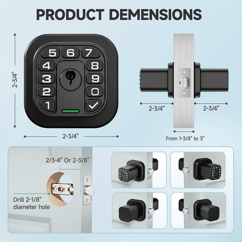 Fingerprint Door knob, Smart Biometric Door Lock with Keypad, Keyless Entry Code Door Knob, Waterproof & Weatherproof , Auto Lock ,Voice Navigation, For Bedroom, Gate,Office -Matte Black Matte Black