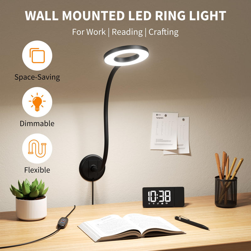 Wall Mounted Lamp, Reading Light for Book in Bed at Night, Shadowless LED Lamp for Workbench Bedroom Bedside Headboard, Eye Care 5 Color & Brightness Adjustable, 360 Flexible Gooseneck, Black 1Unit / Black