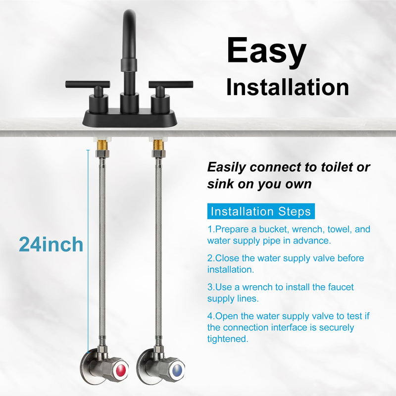 Midanya Faucet Supply Lines,24" Stainless Steel Braided Water Supply Line, 1/2" FIP x 3/8" COMP Faucet Hose, Faucet Hose Connector x 2 Pcs (1 Pair) 24 Inch