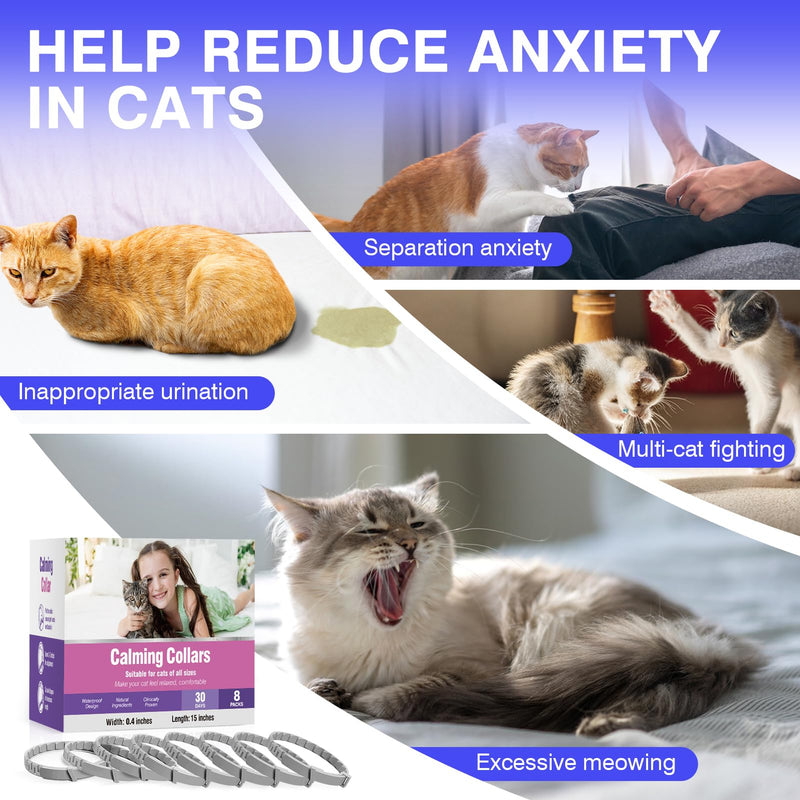 Calming Collar for Cats 8 PK Cat Stress and Anxiety Relief Pheromone Collar for Cats Anti Aggression for Cats Cat Meowing Stopper Cat Calming Collars for 30 Days Adjustable Waterproof Rapid Effect Grey