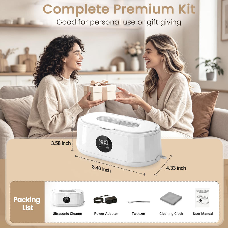 Ultrasonic Jewelry Cleaner, 50kHz Ultrasonic Cleaner Machine for Jewelry, Eyeglass, Retainers,Watch Strap, Rings,420ml 304 Stainless Steel Tank, 5 Timer Modes & LED Digital Display (White) White