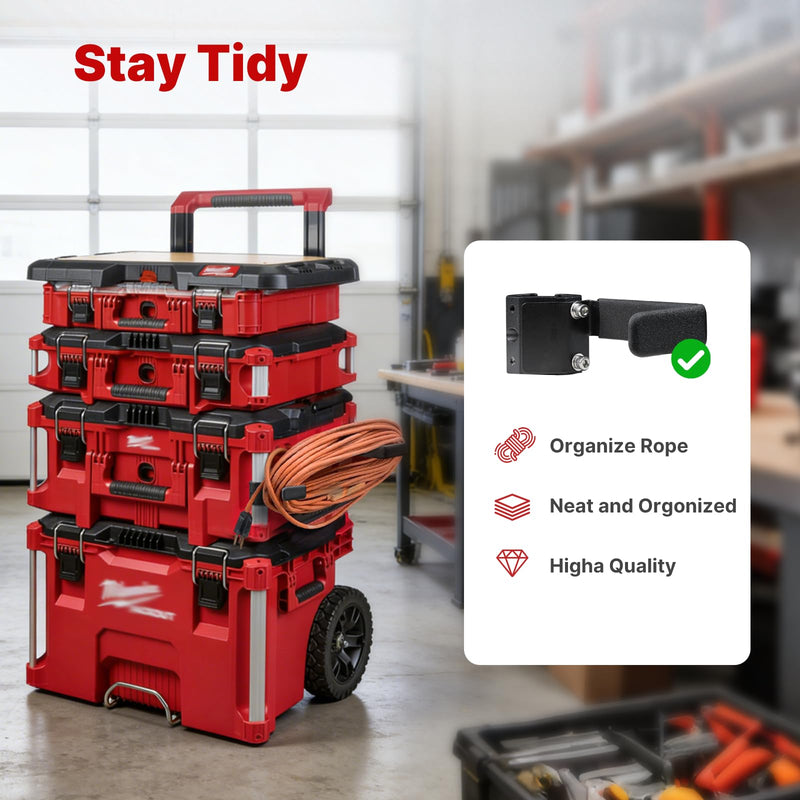 BYERN AUTO Extension Cord Holder Compatible with Milwaukee Packout Toolbox, Space-Saving Organizer with Corner Rail Clips, Fits Tool Box & Ropes, Holds Up to 50ft Cord, Efficient Cord Storage Access Black1