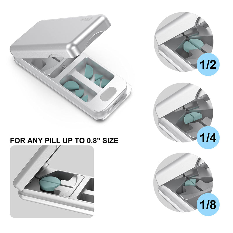 Aluminum Pill Splitter Cutter with Auto Centering Device, 316L Stainless Blade, Genuine Leather Case, Professional Pill Splitter for Cutting Small or Large Pills (Silver) Silver