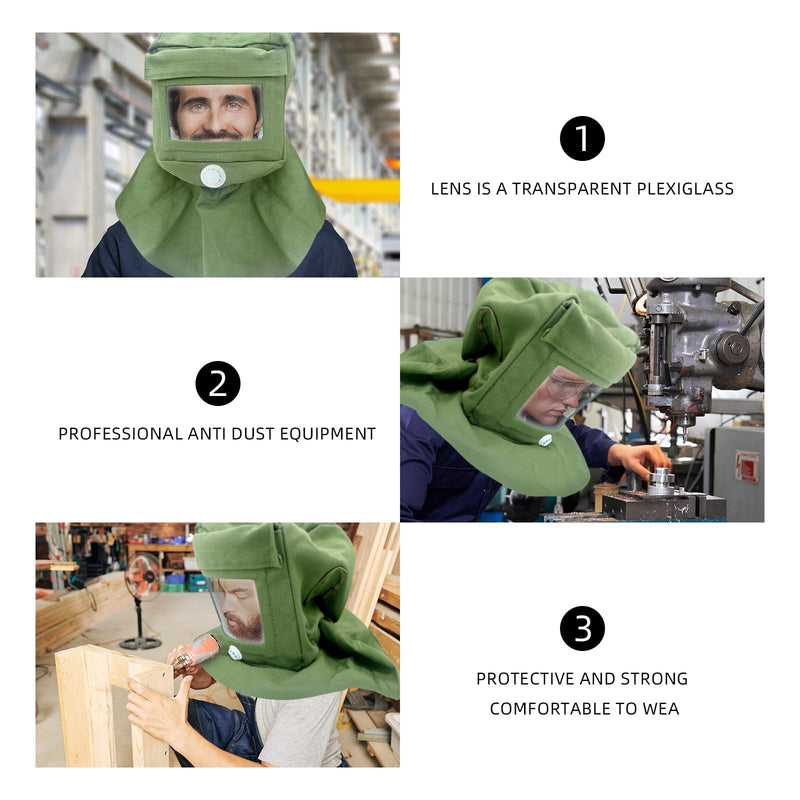 Sand Blasting Hood Cap, Shawl Cap Sandblaster Mask Anti Wind/Sandblaster Tools with Mask Breathing Valve, Dust Protective Face Mask Neck Protector, Green