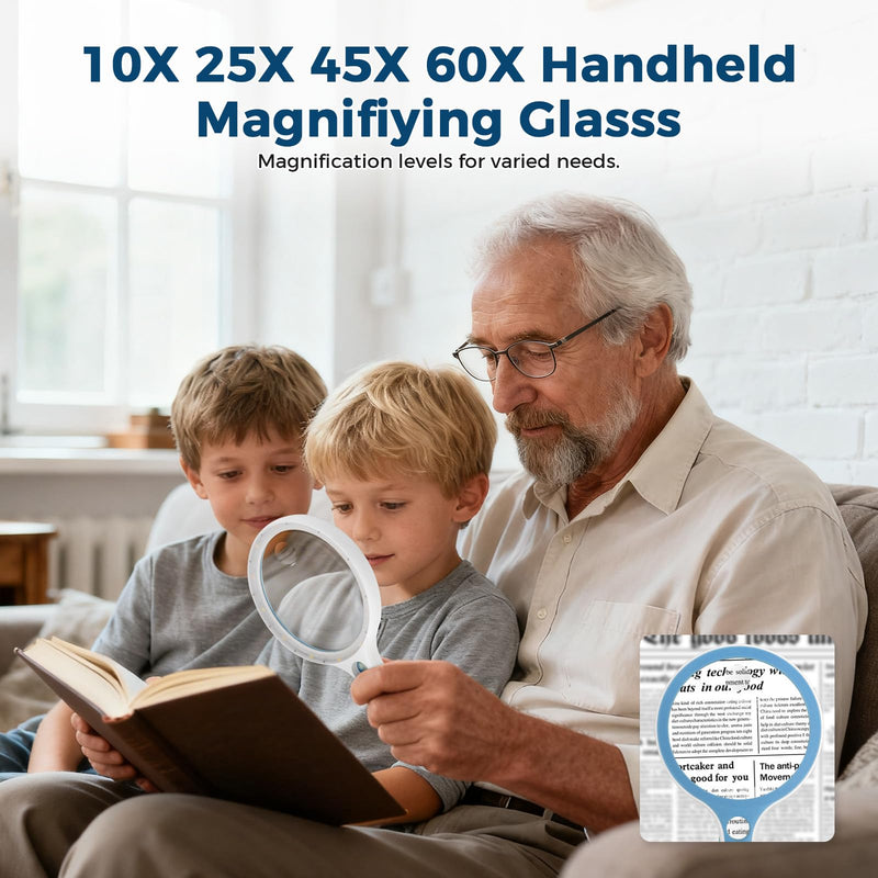 Large Magnifying Glass with Lights,10X 25X 45X 60X Handheld Illuminated Lighted Magnifier, 5in Page Reading Magnifier with 12 LED Lights for Seniors Reading, Coins, Jewelry, Close Work - Blue