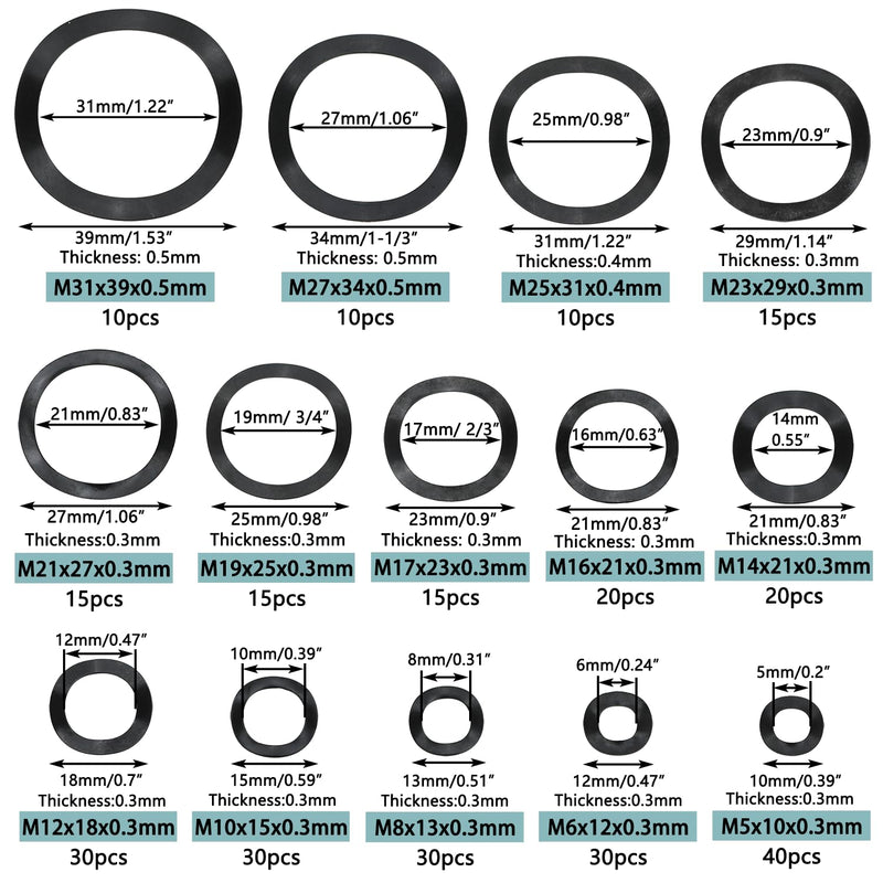 290PCS Black 65 Manganese Steel Wave Spring Washer M5-M31 for Electrical Connection in Domestic and Commercial Appliance
