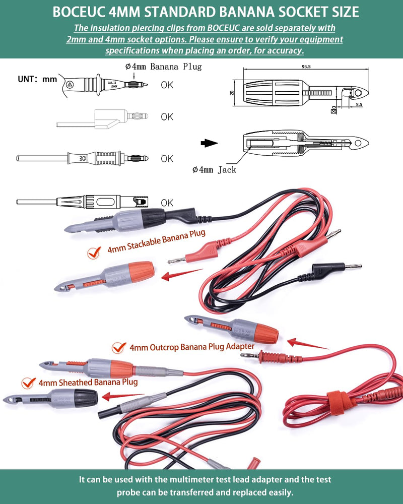 Insulation Piercing Clips Set Heavy Duty 2 Pcs Wire Piercing Probe for 4mm Banana Plug Multimeter Test Leads Multi Testers Needle Accessories 4mm Plug