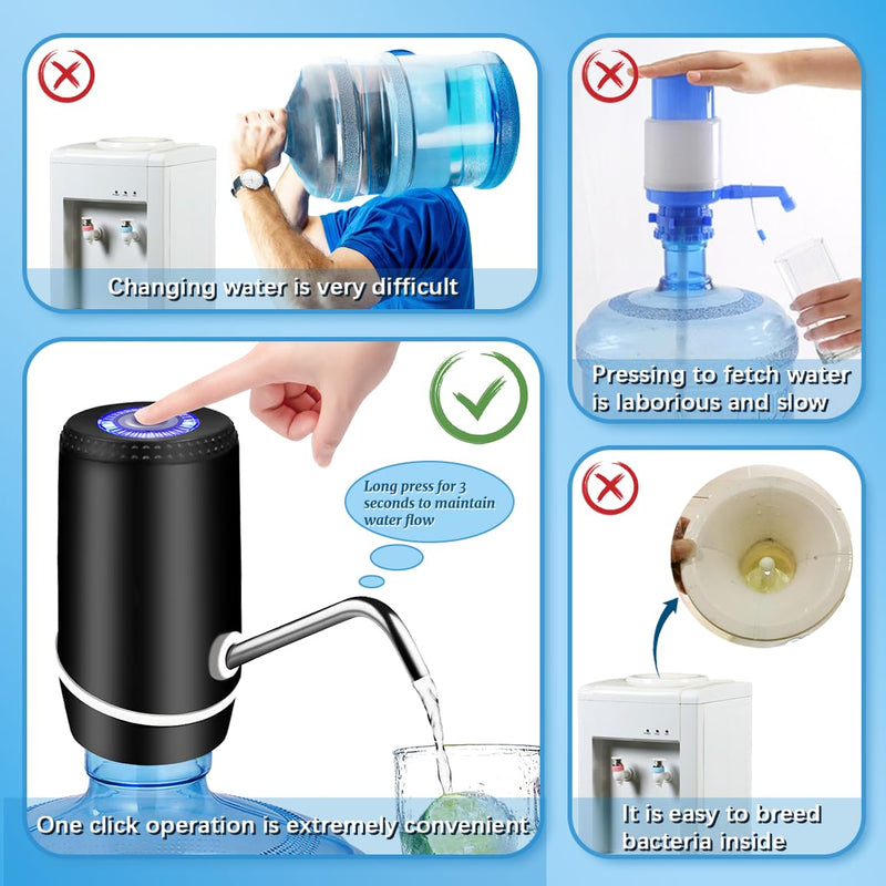 Water Dispenser for 5 Gallon Bottle, Electric Water Pump for 5 Gallon Jug with Switch and USB Charging, Portable Automatic Water Jug Dispenser for Camping, Travel, Home, Kitchen, Office Black
