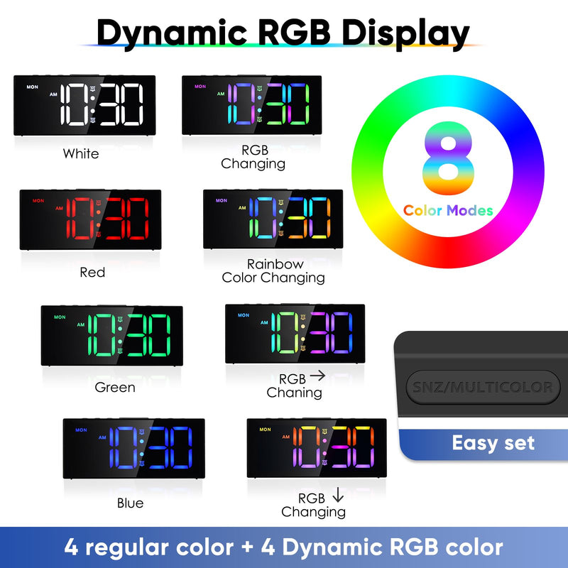 Loud Alarm Clock for Heavy Sleepers, Digital Clocks with Adjustable Volume Brightness,Snooze,Battery Backup, Large Numbers Display RGB Colorful Changing Clock for Bedrooms,Offce Living Rooms