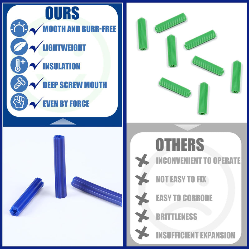 200 Pcs 5/16" Hole Screw Expanding Plastic Screw Anchors Blue Plastic Anchors Drywall Wall Expansion Pipe Bolt Expansion Tube for Hollow Walls Concrete Tile Cement Other Surface (1'') 1''