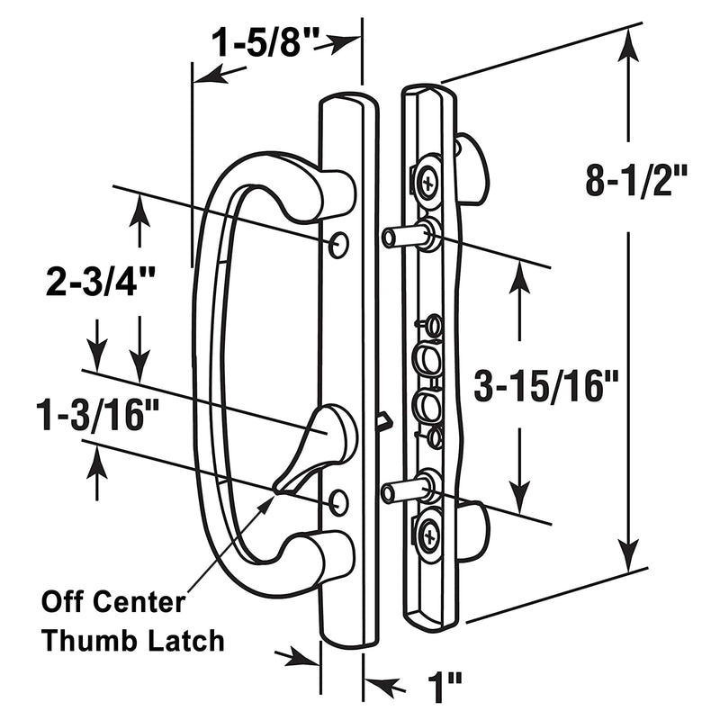 Offset Position Non-Keyed Sliding Patio Door Handleset with Mortise Lock, 45° Keyway, 3-15/16" H.C., Fits 1-3/8" to 2-1/4" Thick Doors, No-Handed, White Diecast 3-15/16" Offset