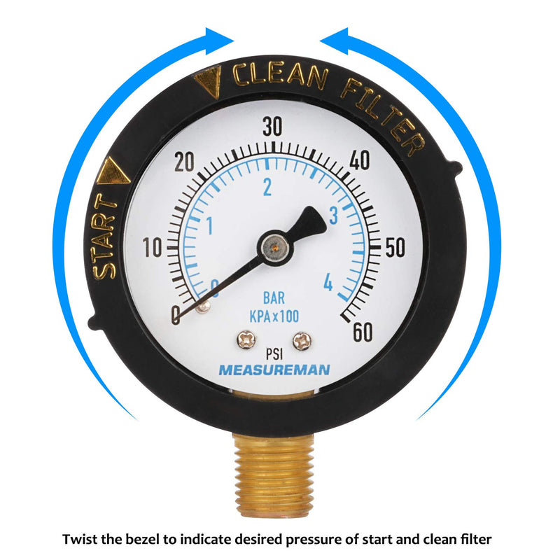 MEASUREMAN 2" Start and Clean Filter Pressure Gauge, Swimming Pool Filter Pressure Gauge, Spa, Aquarium, Water Pressure Gauge, 1/4" NPT Lower Mount 0-60Psi/bar Lower 60psi/bar Start and Clean