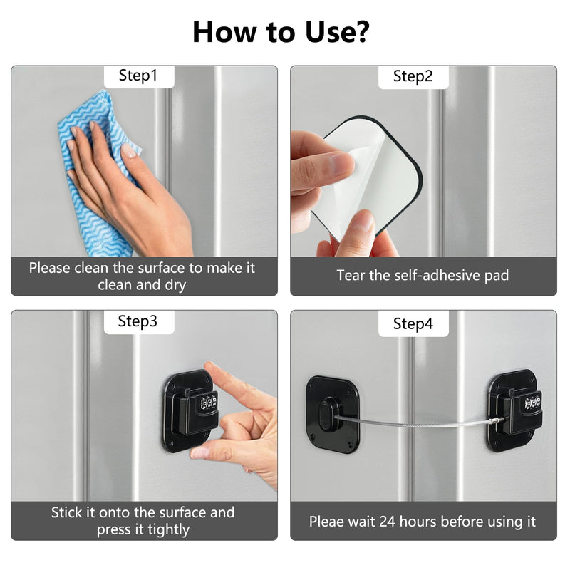 Refrigerator Lock, Heavy Duty Fridge Lock, Combination Lock for Refrigerator Cabinets, Drawers, Safety Lock, Easy Install No Keys Needed (Black-2Pack) Black-2Pack