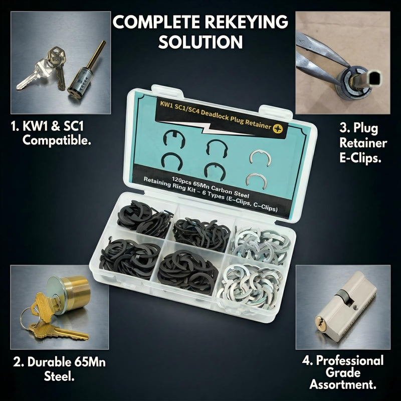 Door Lock Replacement Parts, Rekey Kit, Lock Cylinder Retainer Clip Set | 120PCS 65Mn Carbon Steel E-Clips & C-Clips, Fits KW1 SC1 SC4 Cylinders, Replaces 4215-01, 84215-001, 84345