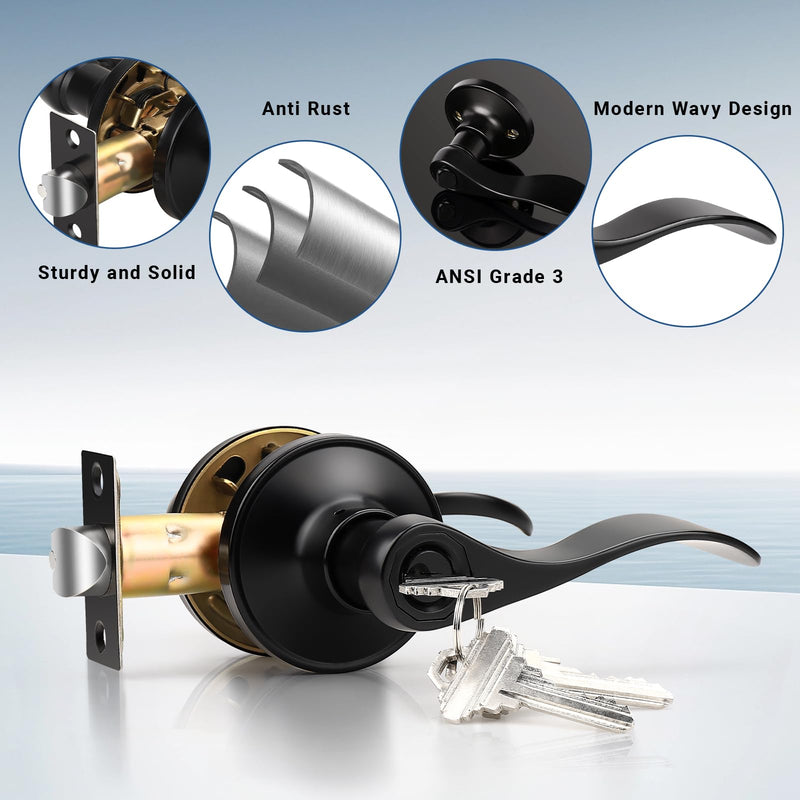 Knobonly 2 Pack Keyed Bathroom/Bedroom Door Lock, Matte Black Front Door Handle, Exterior Door Handle, Different Key for Each Pack, Zinc Alloy Entry