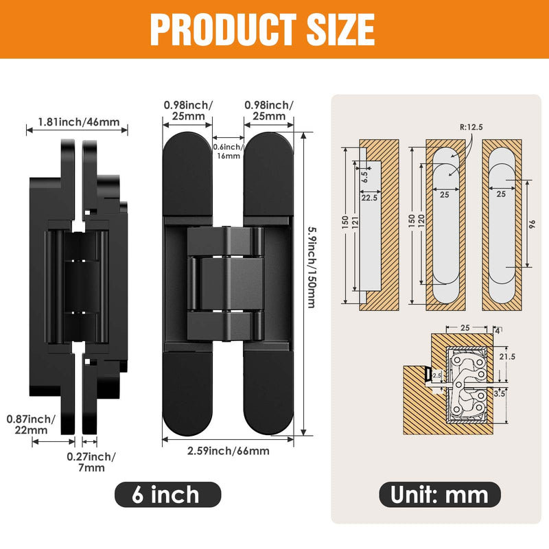6" Hidden Door Hinge/Concealed Hinges,Invisible Hinges,Invisible Door Silent 180 Degree Swing Hinge 3-Way Adjustable Butt 6 x 2.5 x 1inch (Pack of 2) (Black) Black