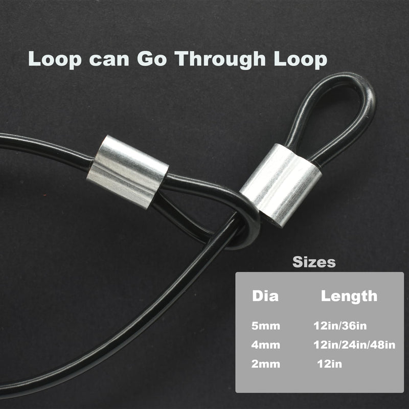 5 Pcs 4mm Wire 24 inch Vinyl Coated Stainless Steel Cable with Loops Short Wire Rope Lanyard Lock Security Chain Link for Outdoor Gates, Black(4mm x 24inch) 4mm(T) X 24 in(L) 5PCS