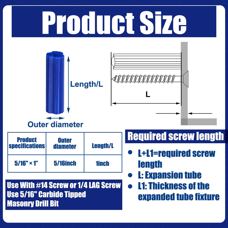 200 Pcs 5/16" Hole Screw Expanding Plastic Screw Anchors Blue Plastic Anchors Drywall Wall Expansion Pipe Bolt Expansion Tube for Hollow Walls Concrete Tile Cement Other Surface (1'') 1''