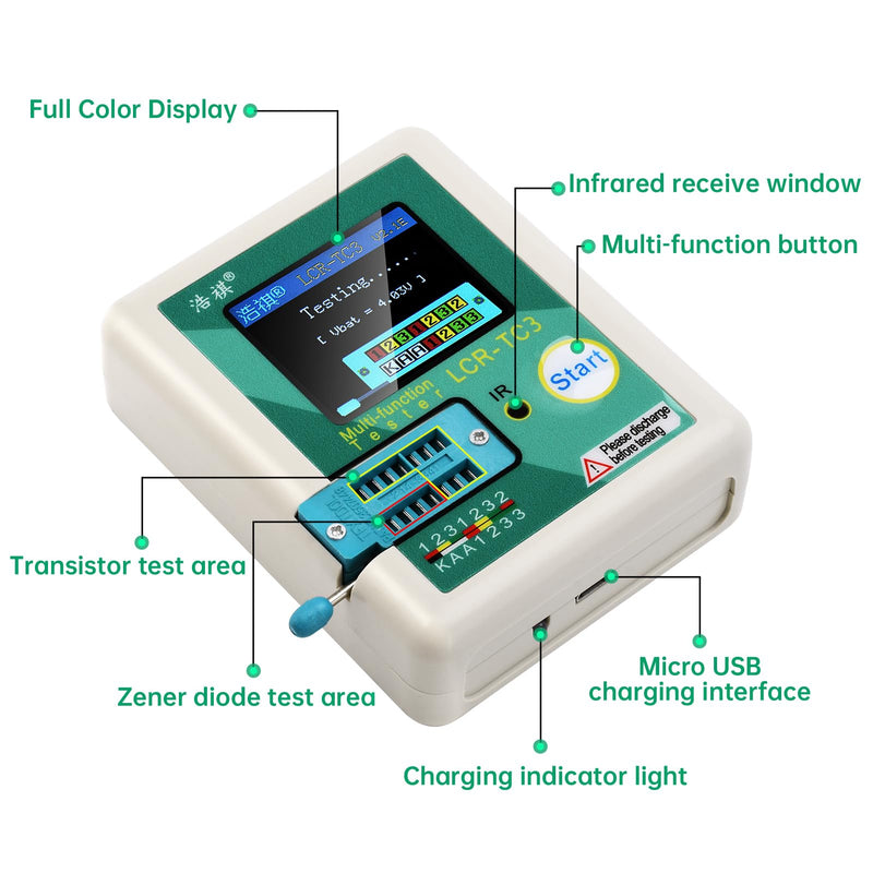 Aideepen High Precision Transistor Tester TC3 TCR-TC3 Multifunctional Graphic 160 * 128 TFT LCD Display Diode Triode Capacitance LCR ESR Meter Battery Tester white LCR-TC3