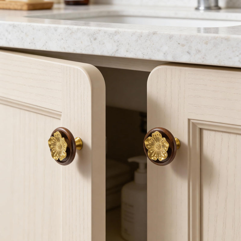 Solid Brass Gold Cabinet Knobs, 2 Inch Oversized Flower Drawer Pulls with Wood Base,4-Pack Modern Dresser Handles for Bathroom Vanity, Kitchen ,Cupboard and Furniture Hardware, Brushed Brass Finish
