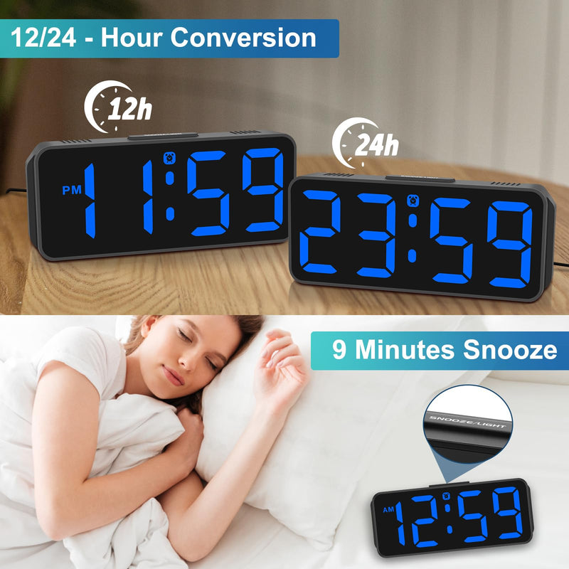 Peakeep Small Digital Alarm Clock Plug in for Bedrooms Bedside, Tiny Electric Clock Large Big Numbers Display with Battery Backup for Desk Table, 6 Dimmers, 5 Adjustable Alarm Volumes (Blue) Blue