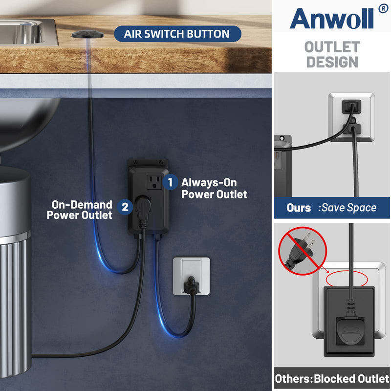 Garbage Disposal Air Switch Kit -Professional- Dual Outlet, Sink Top Waste Disposer On/Off, Garbage Disposal Button, Brass Made Cover, UL Listed Matte Black LONG/3.6"