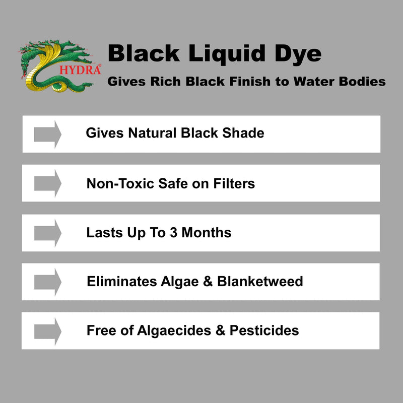 HYDRA LIQUID BLACK DYE 95ml Treats upto 399L Concentrated Liquid Dye Safe for Use in Ponds, Fountains & Water features - PawsPlanet Australia