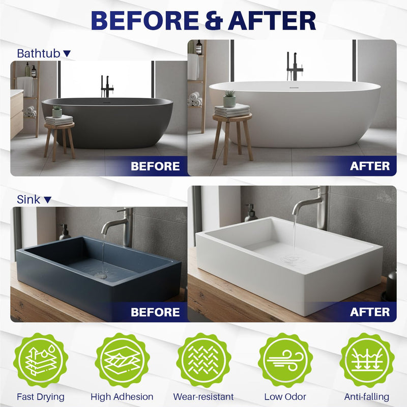 Tub and Tile Refinishing Kit, 10.6oz Bathtub Refinishing Kit with Tools, DIY Tub Paint White for Bathtub, Shower, Kitchen Countertop, Porcelain, Easy to Cover & Low Odor 10.6 Fl Oz (Pack of 1)