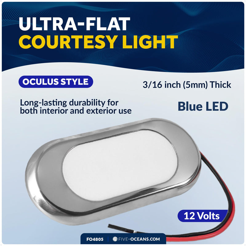 Five Oceans Ultra-Flat LED Boat Courtesy Lights, Blue - Boat Interior Lights, 12-Volt, Oculus Style 3-1/8 x 1-7/16 x 3/16 inch - Waterproof LED Marine Lights for Boats Pontoon RVs - FO4805 Blue LEDs