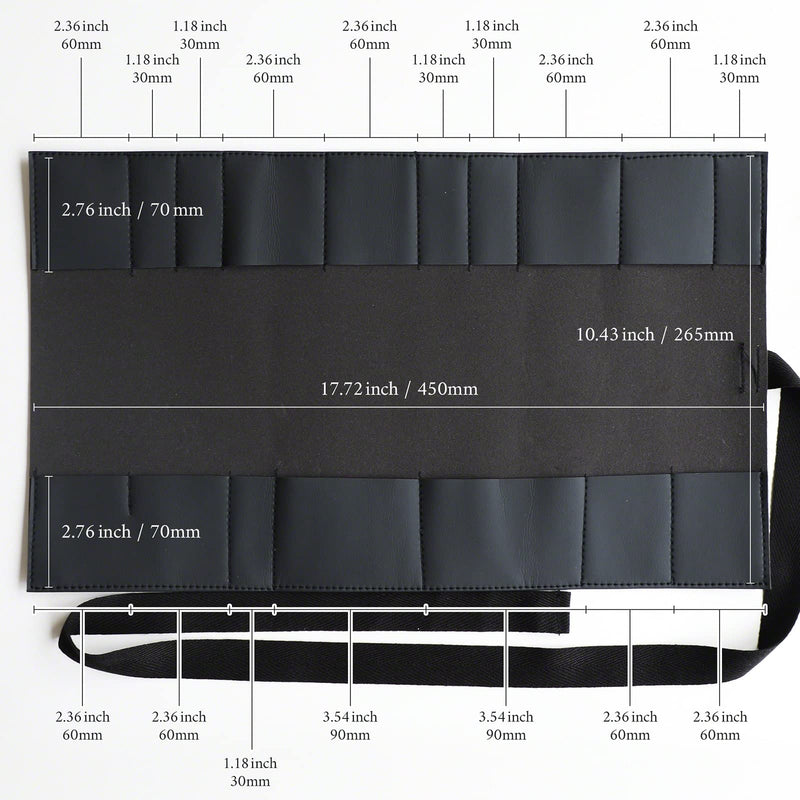 Wazakura Made in Japan Bonsai Tool Case with 16 pockets in Polyurethane Leather, Japanese Garden Tool Kit Roll Storage Bag - 16 Pockets Black PU Leather