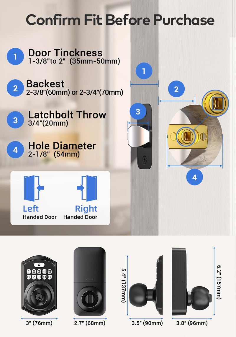 TEEHO TE003 Keyless Entry Keypad Door Lock with Handle, Electronic Digital Smart Locks for Front Door, Smart Door Knob with Code for Bedroom with Interior Locks, Auto Lock, Passage Mode, Matte Black