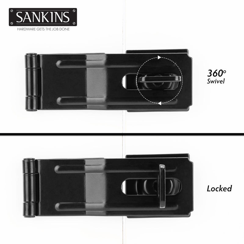 4-1/2" Swivel Staple Safety Hasps, Gate Door Hasp Latches Safety Packlock Clasp Locking with Twist Knob for Fence, Gate, Cabinet, Black, 2 Pack