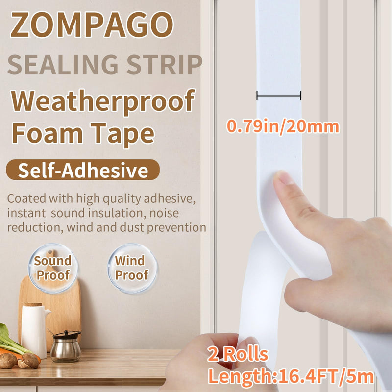 High Density Self- Adhesive EVA Single Sided Foam Tape,Weatherstrip Door Seal,Weatherproof,Waterproof,Thick Foam Insulation Tape,2 Roll for Window Seal Strip,0.79in x 16.8FT,White Sponge Tape 2 Rolls,0.79in x 16.4FT White