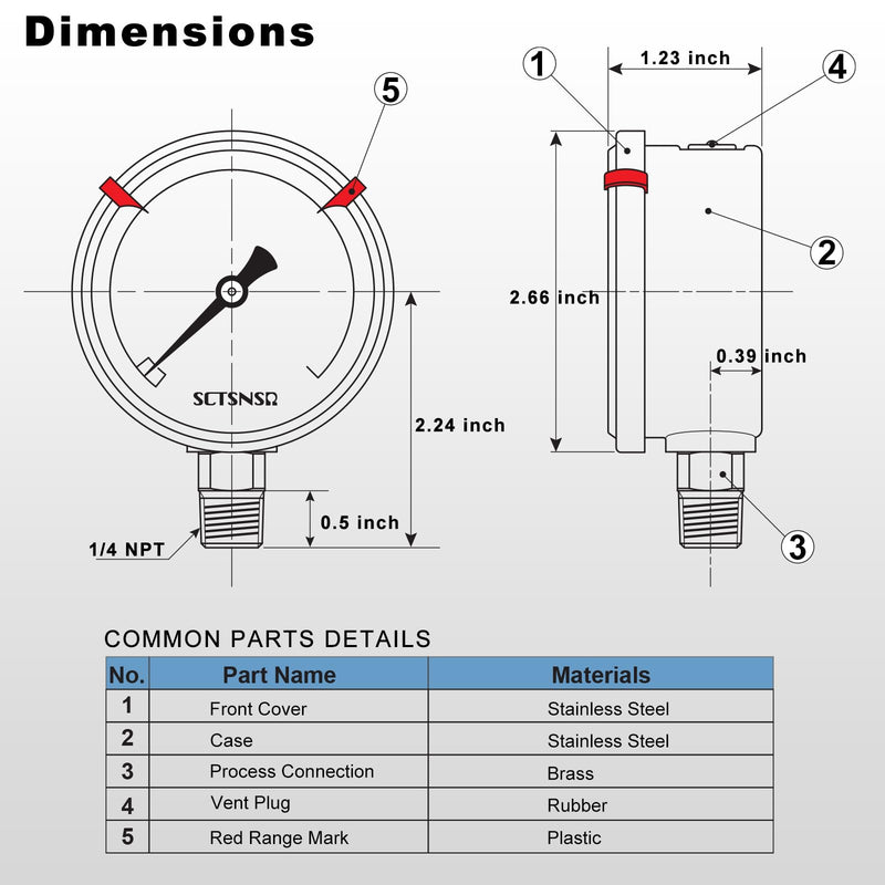 0 to 60 Psi Pressure Gauge, Glycerin Liquid Filled, 2.5 inch Dial, 1/4" NPT Lower Mount, Stainless Steel Case, for Pool Sand Filter, Water Pump, Propane, Coolant, CO2, Gas, Low Pressure Test 0-60 Psi