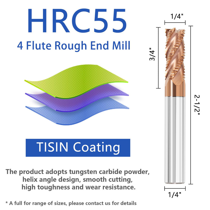 1/4" Tungsten Carbide Roughing End Mill 4 Flute Square Endmill CNC Milling Cutter Bits for Alloy Steels/Hardened Steels - TISIN Coated 1/4 in