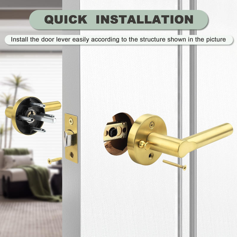 knobelite Gold Privacy Door Handles Interior Keyless Door Lever,Left & Right Hand use Door Lock for Bath and Bed,Modern Stainless Steel Privacy Door Lock,2Pack 2