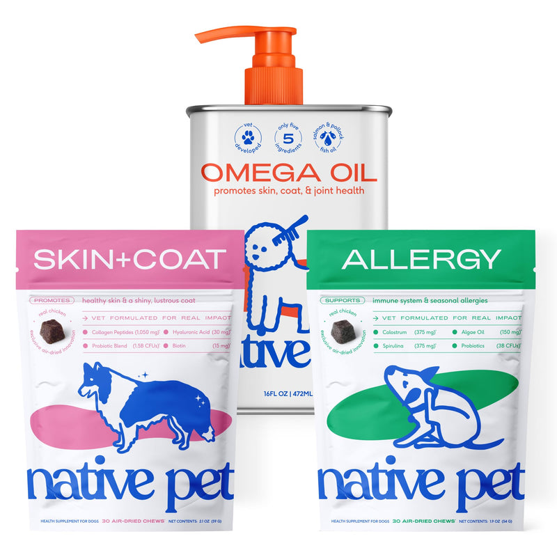 Native Pet Skin & Coat Care Bundle: Omega Skin and Coat Chews for Dogs (30 Air-Dried Chews), Omega Oil for Dogs (8 Oz.) & Allergy (30 Air-Dried Chews) - Promotes Healthy Coat & Soothes Itchy Skin
