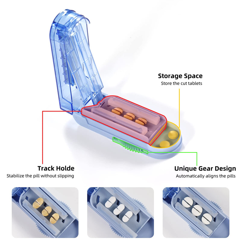 Multiple Pill Splitter, Adjustable Pill Cutter, Stainless Steel Cutting Blade & Blade Guard, with Accurate Pill Alignment, for Cutting Small Pills or Large Pills in Half (Blue) Blue