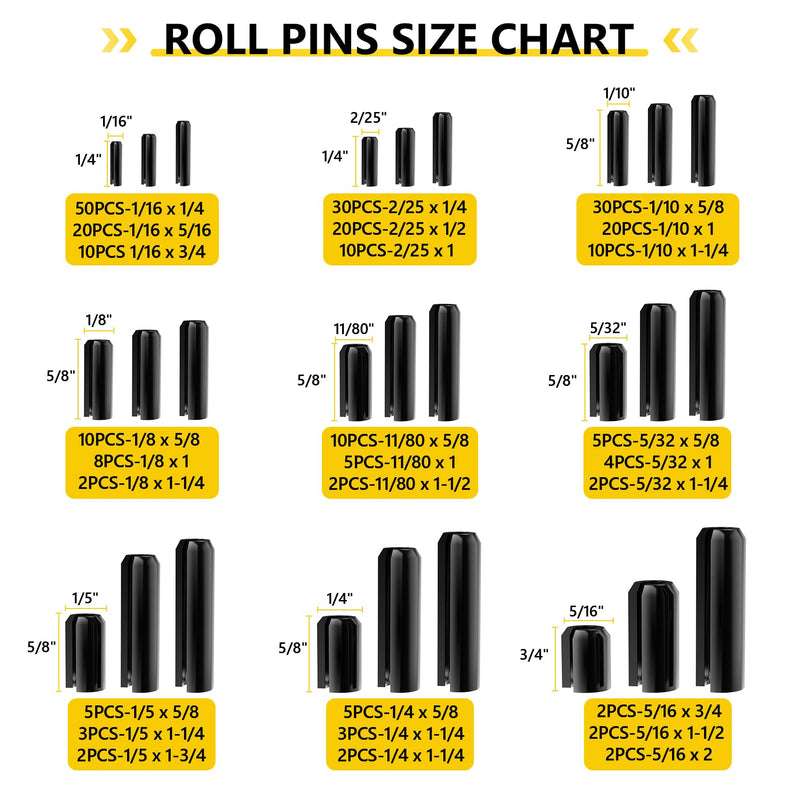 274pcs Roll Pins Assortment, 65Mn Steel Split Expansion Pins - 1/4, 5/16, 11/80, 5/32, 1/5, 1/16, 2/25, 1/10, 1/8, Black Roll Pins for Home Improvement Automotive Repair 274Pcs SAE Roll Pins