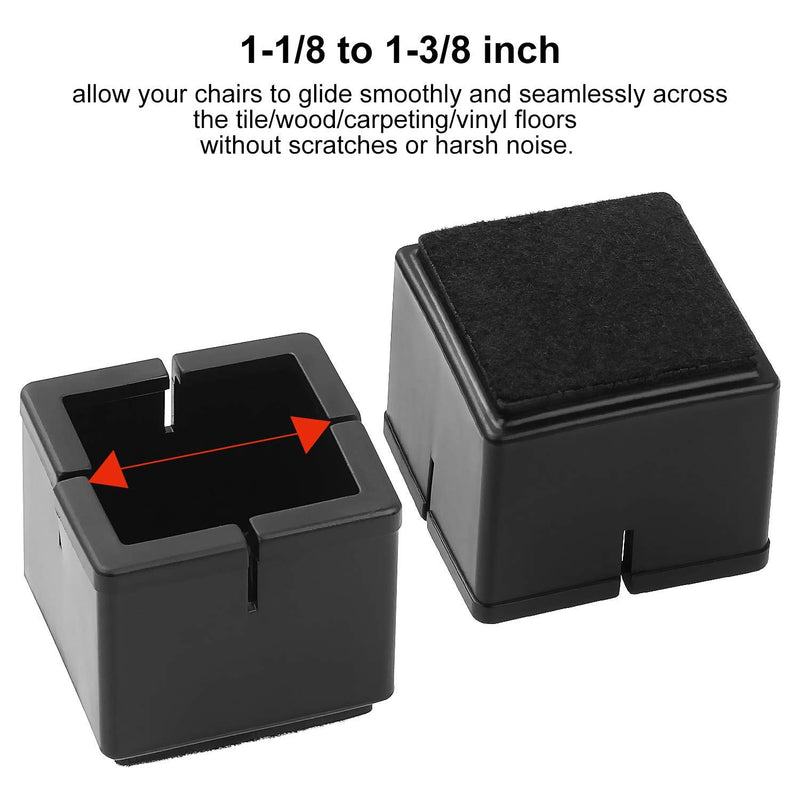 32 Pack Black Chair Leg Caps Square Floor Protectors Rubber Furniture Table Feet Covers with Felt Pads Fit 1-1/8 to 1-3/8 inch, Prevent Scratches, Non-Slip 1-1/8" to 1-3/8"